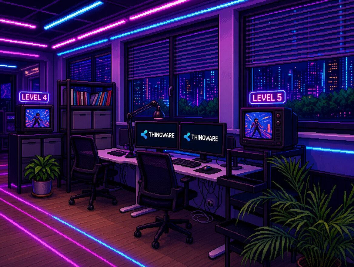 Pixel-Art: Büro von Thingware bei Nacht im Neonlicht mit Röhrenfernsehern als Level-Stationen