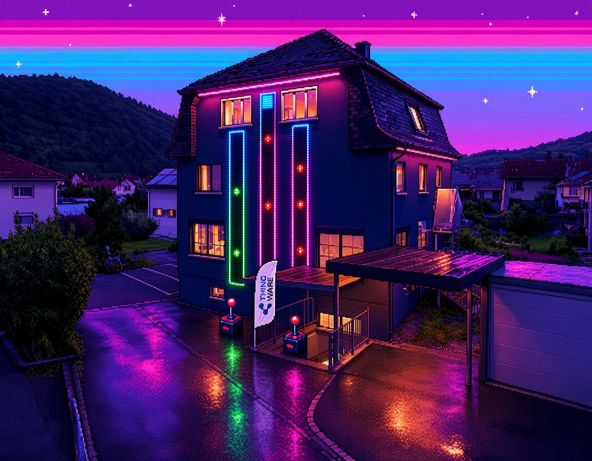Pixel-Art: das blaue Thingware-Gebäude in Lausen bei Nacht, mit drei leuchtenden TWANG32-LED-Bahnen an der Hauswand und Neonstreifen