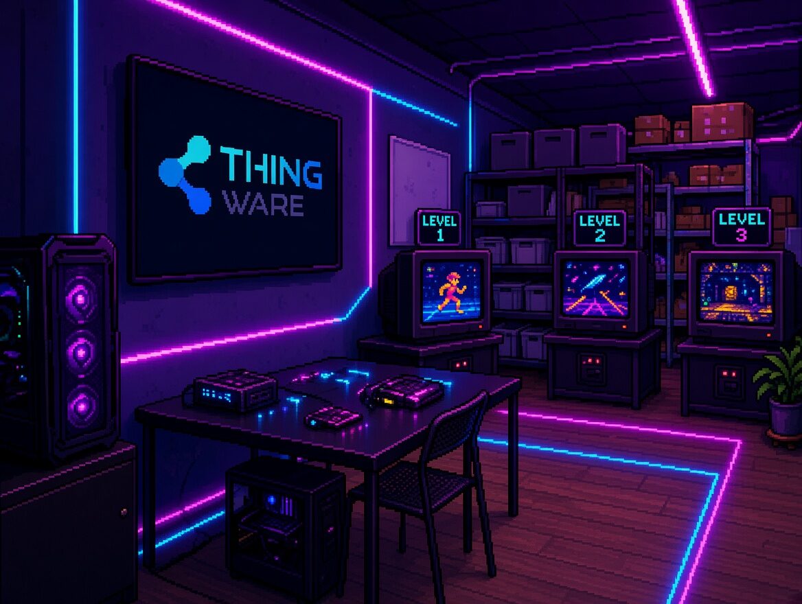 Pixel-Art: Werkstatt von Thingware im UV-Licht mit Röhrenfernsehern als Level-Stationen, auf denen Pixelspiele laufen